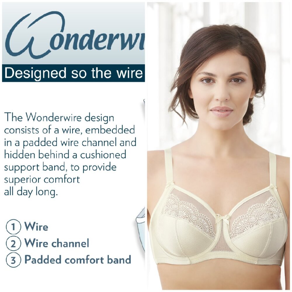 Glamorise 42D WONDERWIRE Bra Satin & Lace UNDERWIRE (FLEXI SIDE BONES) Ivory NEW